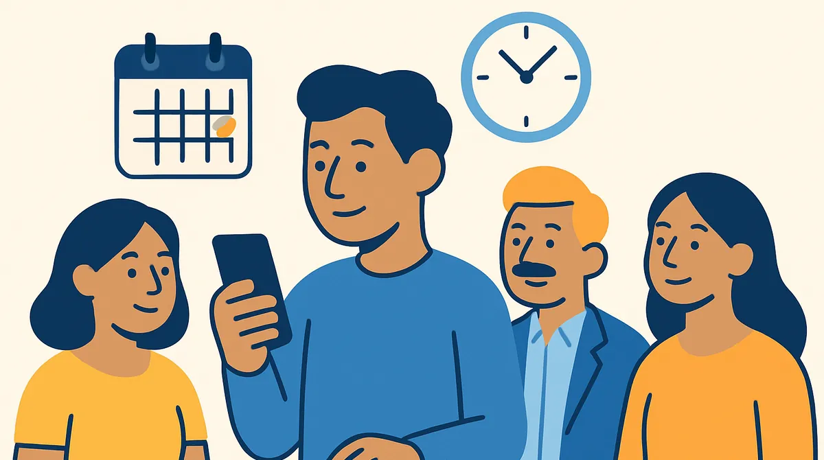 Una persona reserva una cita en su teléfono, con un calendario y un reloj al lado de la pantalla.
