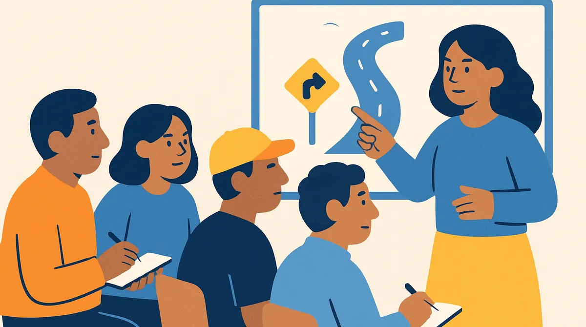 Un instructor explica un diagrama de calles en una pizarra a cuatro adultos que toman notas.