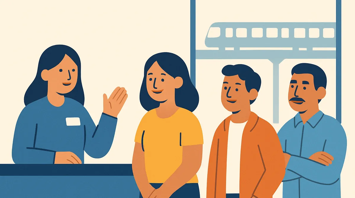 Personas esperan en una fila corta en una oficina de atención, con la silueta de un tren elevado por la ventana.