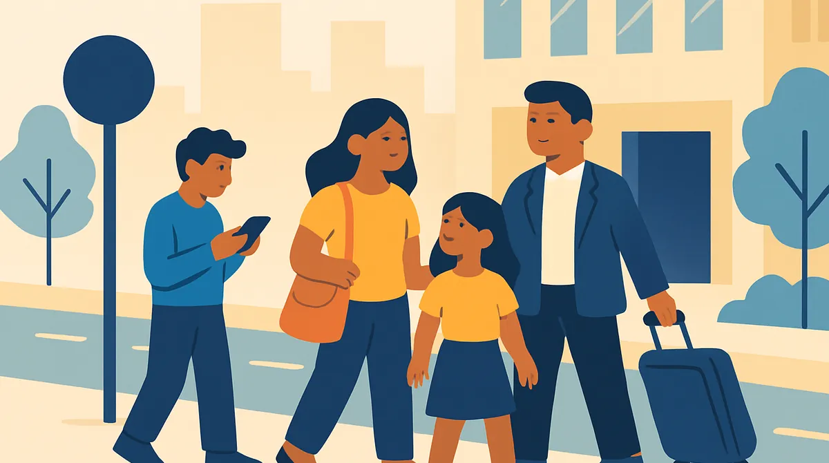 Una familia llega a una oficina en una avenida con árboles y una entrada de metro, mientras una persona revisa su teléfono.