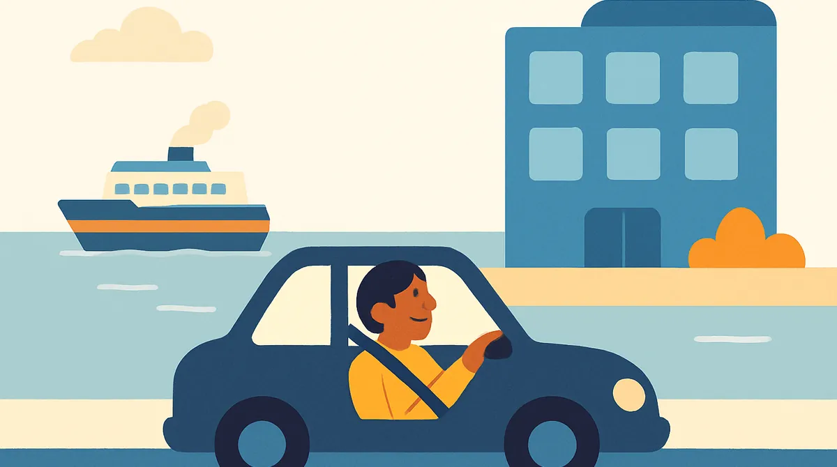 Una persona maneja hacia una oficina por una calle junto al mar, con un ferry en el agua al fondo.