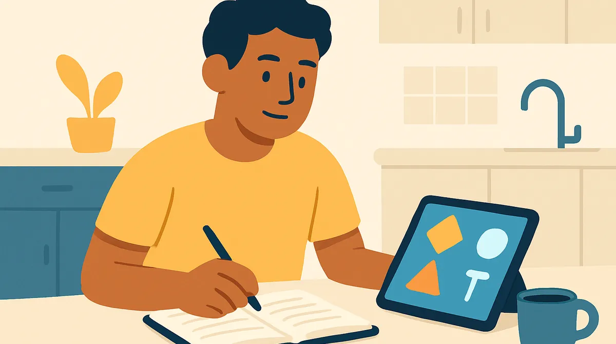 Un joven estudia en la mesa de la cocina con una tableta que muestra señales de tránsito y un cuaderno.