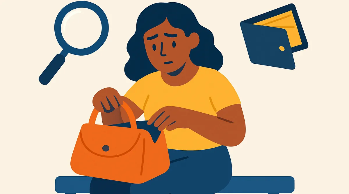 Una mujer preocupada busca en su cartera abierta, con una lupa y una billetera vacía a su lado.