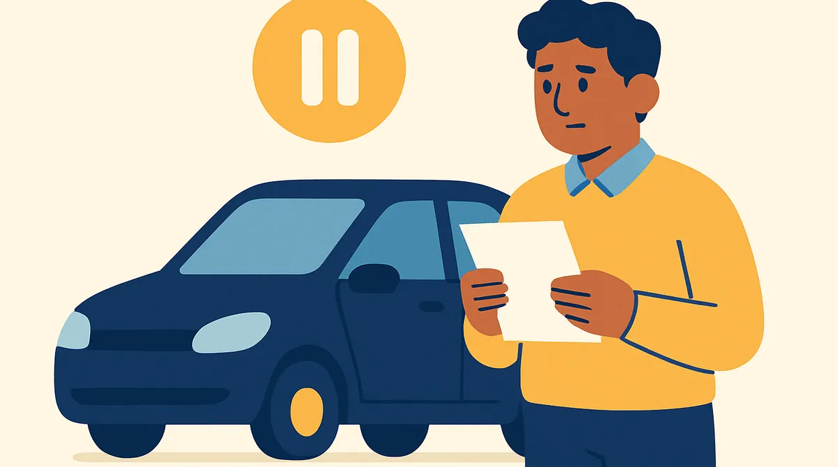 Un conductor preocupado lee una carta junto a su carro estacionado, con un símbolo de pausa encima.