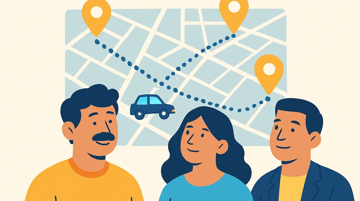 Un mapa sencillo de la ciudad con cuatro marcadores y un carro que sigue una ruta punteada.