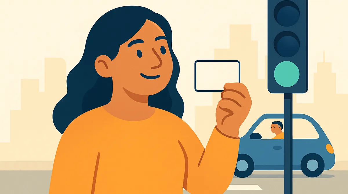 Una mujer sostiene una tarjeta en blanco junto a un semáforo en verde, con un carro y una calle detrás.