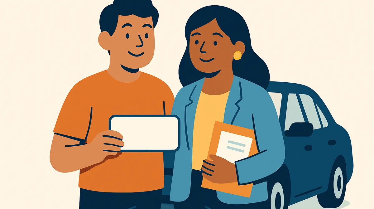 Una pareja sonriente junto a un carro con una placa en blanco y una carpeta de papeles.