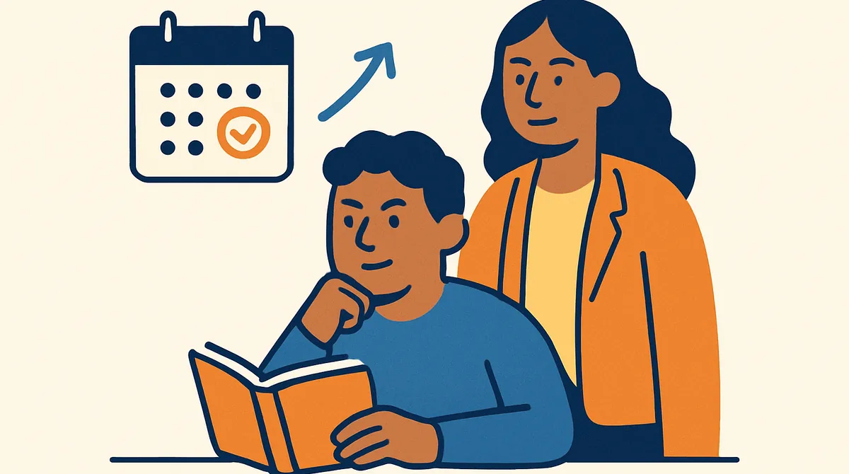 Un estudiante decidido con un libro en su escritorio, junto a un calendario con un día marcado y una flecha hacia arriba.