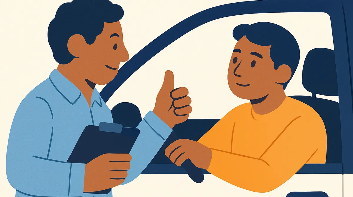 Un joven conductor pensativo en un carro estacionado mientras un examinador con una tabla le da ánimo desde afuera.