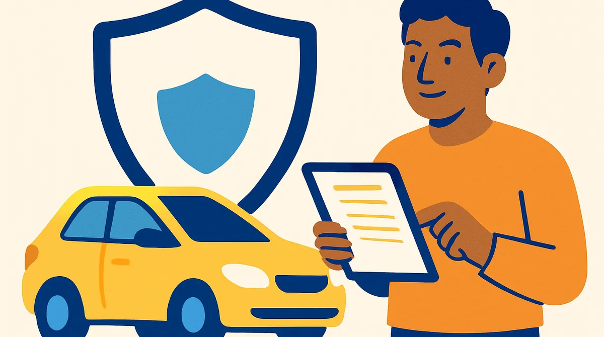 Un carro protegido por un gran escudo mientras su dueña revisa una póliza en una tableta.